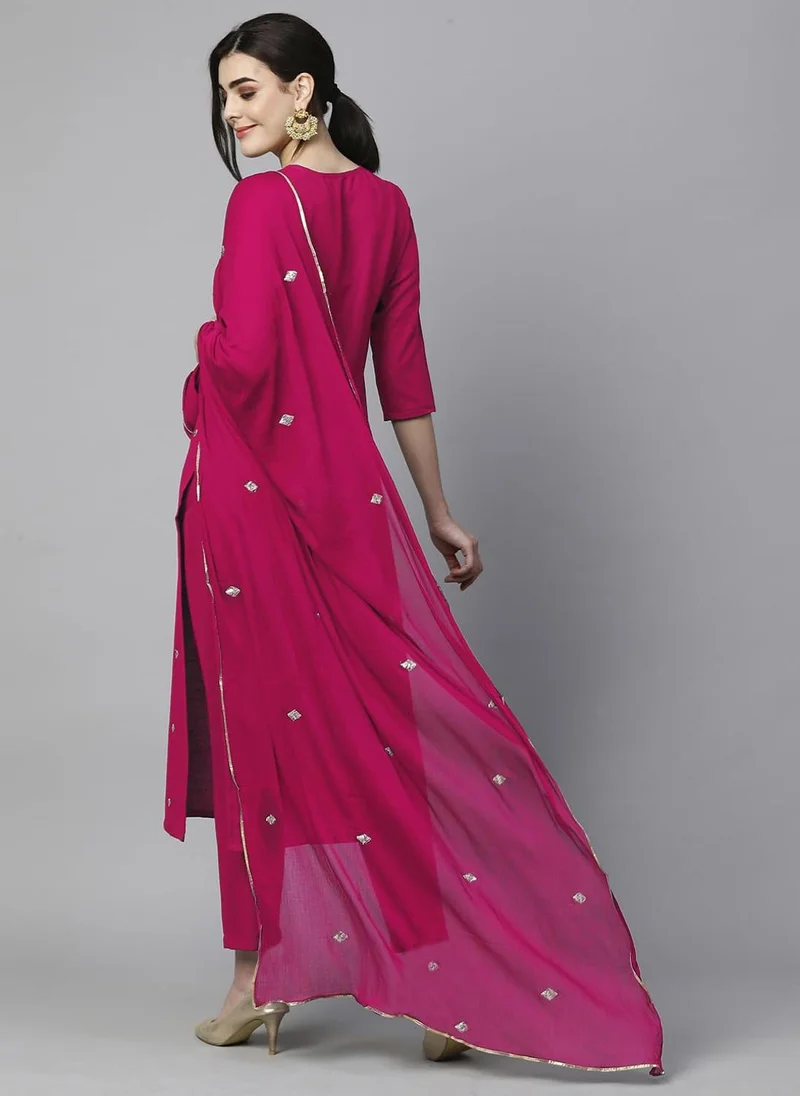 GoSriKi GoSriKi Women's Cotton Blend Embroidered Straight Kurta with Pant & Dupatta (Kasturi Pink-AL-GS_XXL_Pink_XX-Large)